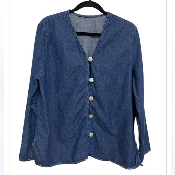 Denim Top with Silver Flower Shaped Buttons - Picture 1 of 10